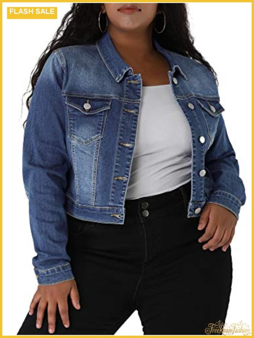 Plus Size Cropped Denim Jacket Women Button Up Long Sleeve